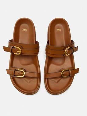 ZARA Women's Brown Leather Double Strap Buckle Slide Sandals size 40 US 9